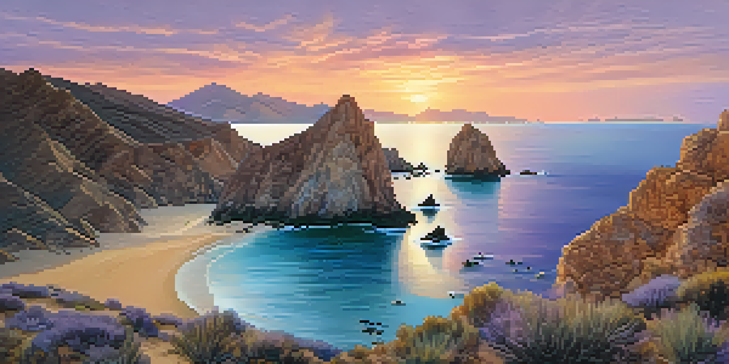 A stunning coastal view of Cabo de Gata-Níjar Natural Park at sunset, featuring volcanic cliffs and clear waters.