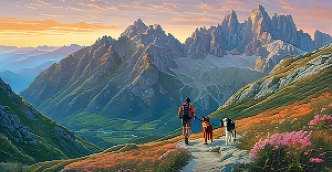 A picturesque sunrise over rugged mountains in Picos de Europa National Park, featuring a hiker and a small dog on a rocky trail surrounded by greenery and wildflowers.