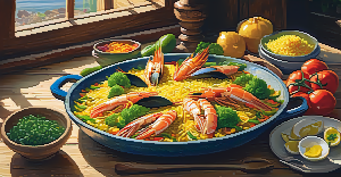 A beautifully presented paella with saffron rice, seafood, and vegetables on a rustic wooden table bathed in warm sunlight.