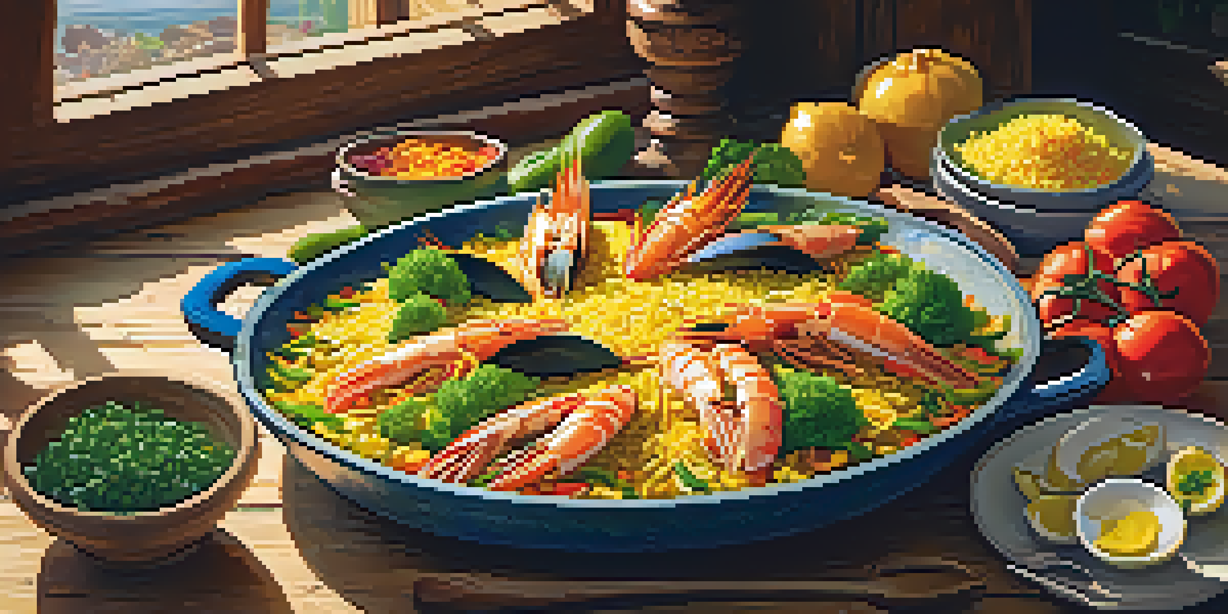 A beautifully presented paella with saffron rice, seafood, and vegetables on a rustic wooden table bathed in warm sunlight.