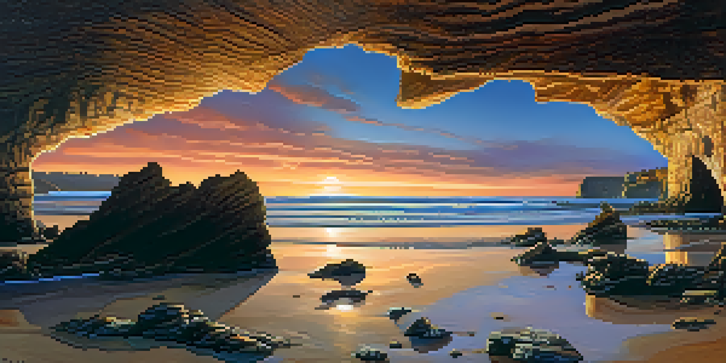A scenic beach view at Playa de la Catedrales with unique rock formations and a colorful sunset sky.