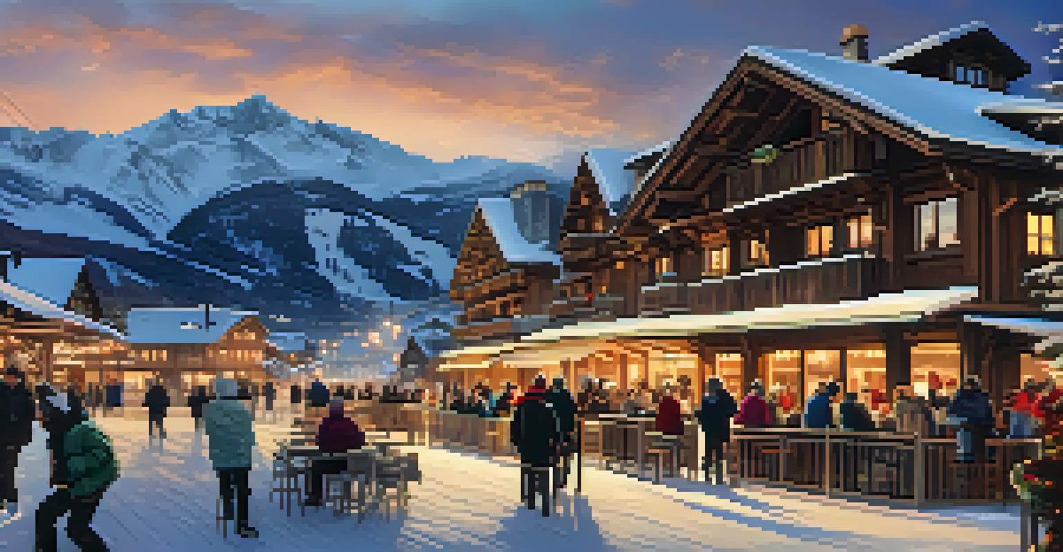 A warm après-ski gathering in a mountain village with people enjoying food and drinks in a snowy setting.