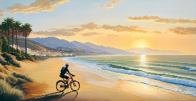 A cyclist riding along the Costa del Sol coastline at sunset, with waves and beach umbrellas in view.