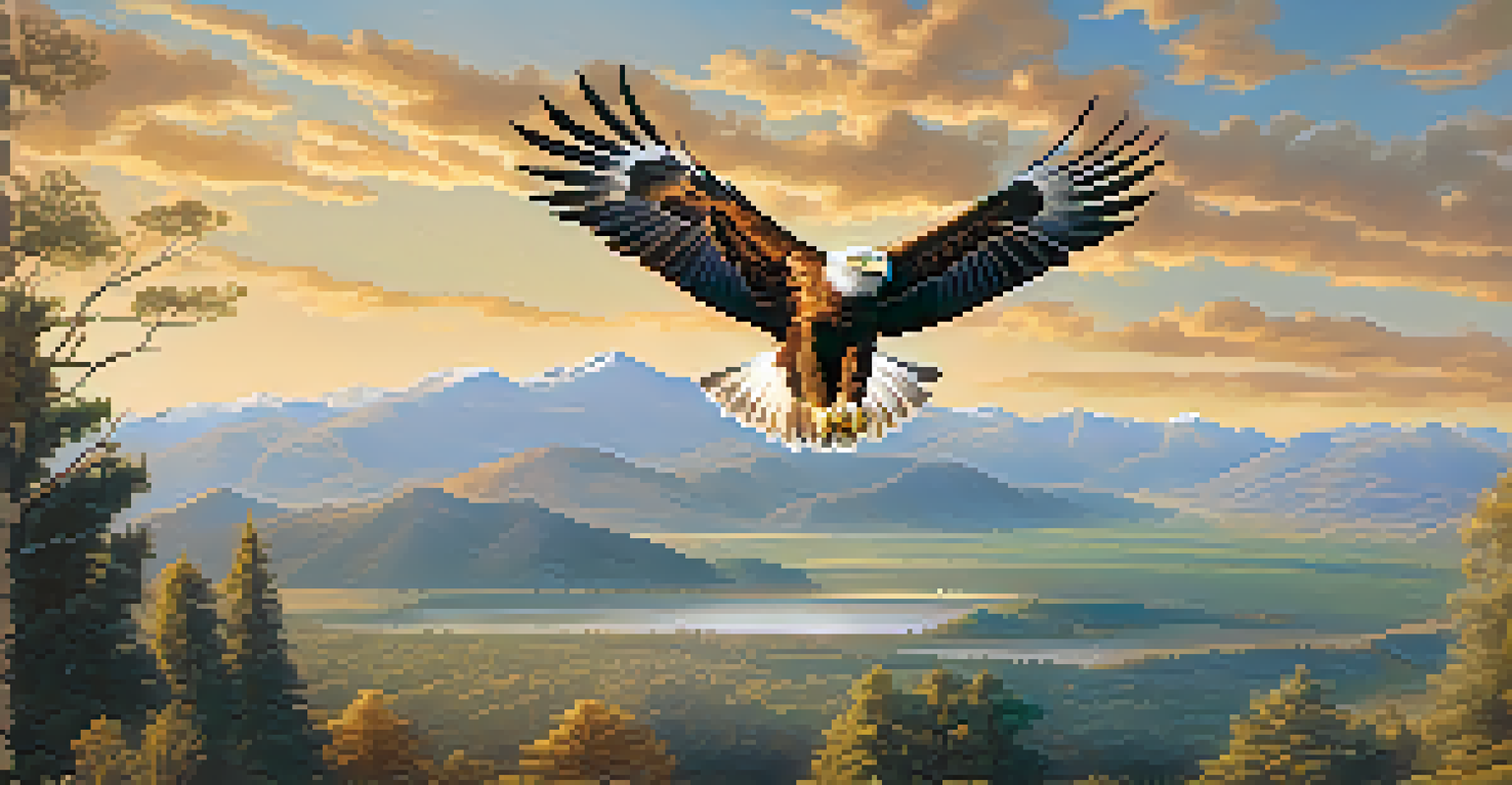 A Spanish imperial eagle soaring above a nature park with mountains in the background, showcasing diverse ecosystems below.