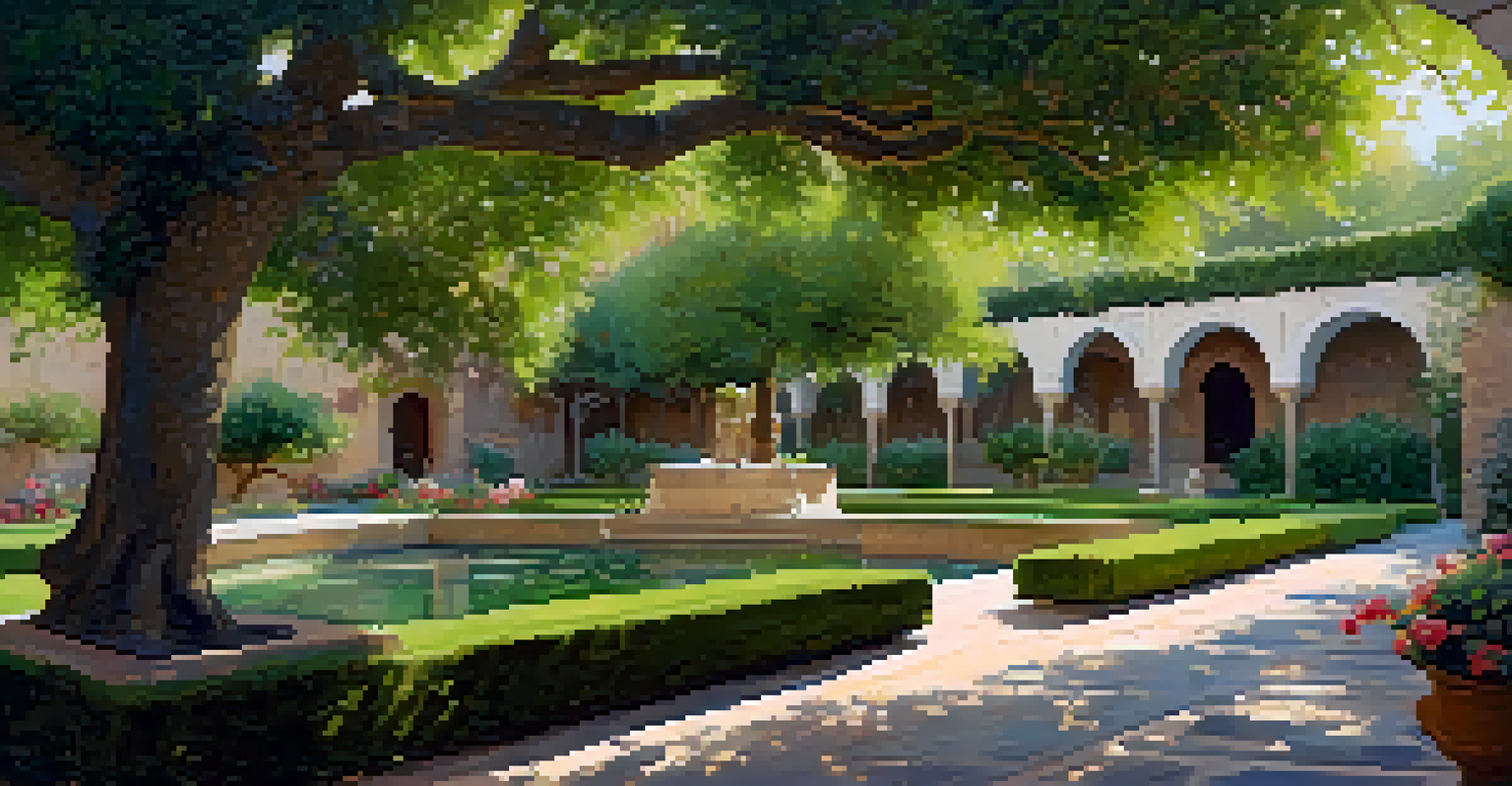 The Enchanted Garden of Alcazaba, filled with greenery, flowers, and a fountain under dappled sunlight.