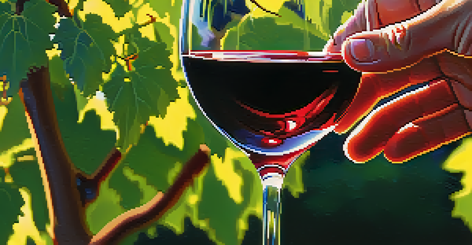 A close-up of a hand holding a glass of Ribera del Duero wine against a vineyard backdrop.