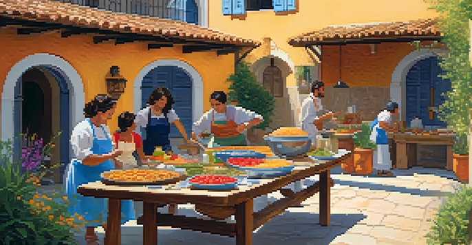 A family engaging in a lively cooking class outdoors in Spain, surrounded by colorful ingredients and traditional architecture.