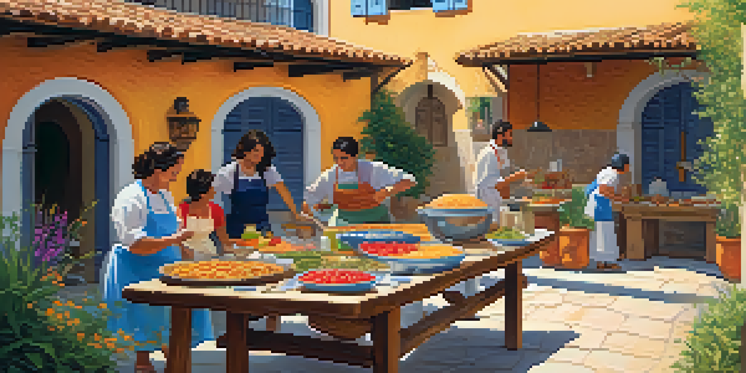 A family engaging in a lively cooking class outdoors in Spain, surrounded by colorful ingredients and traditional architecture.