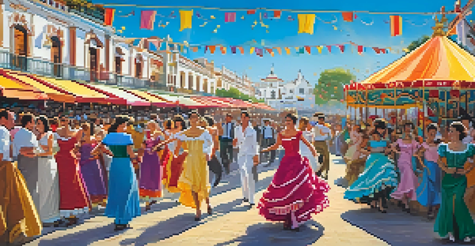 A lively fairground during Feria de Abril in Seville, featuring colorful tents and people in traditional dress dancing joyfully.