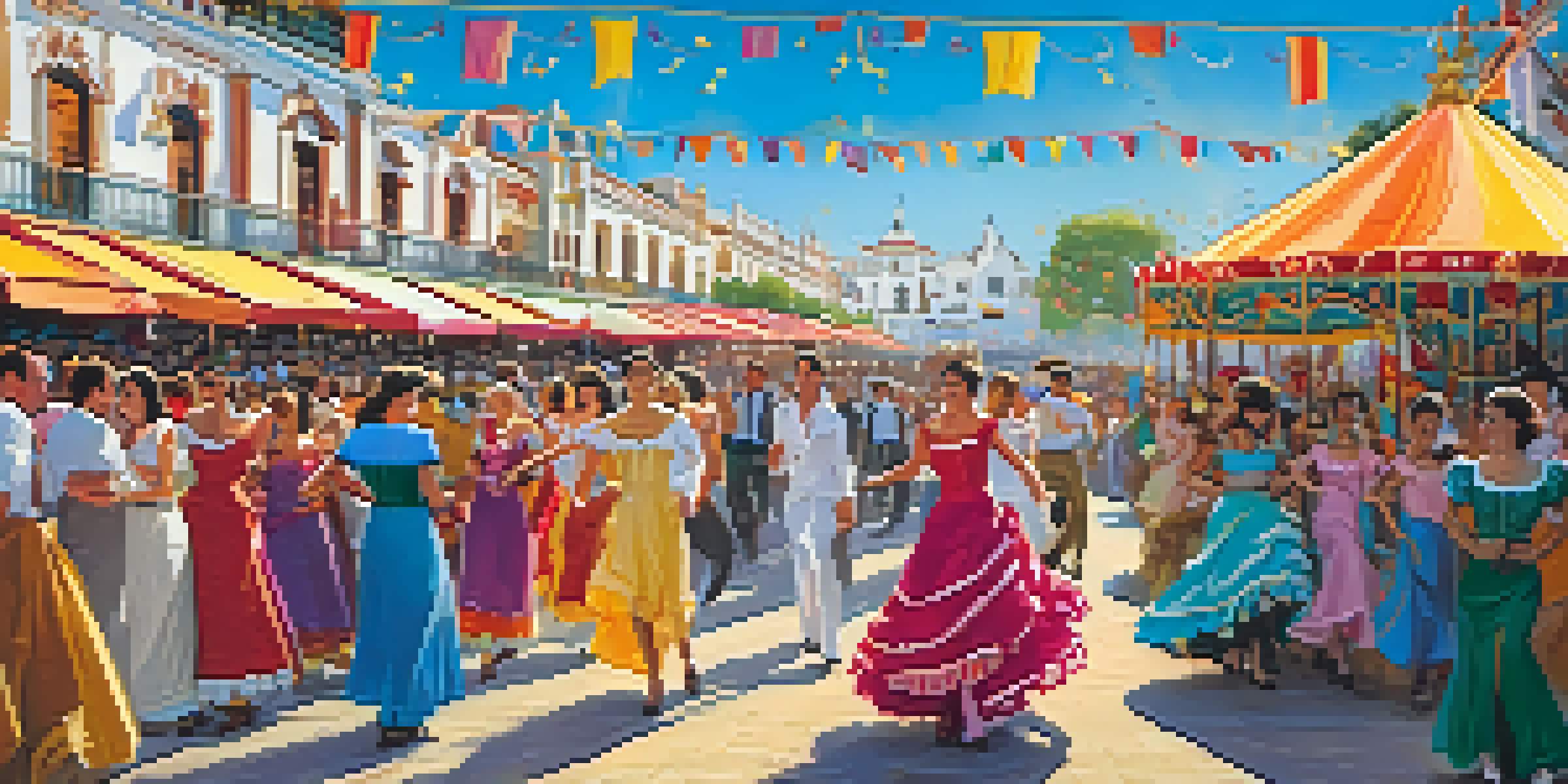 A lively fairground during Feria de Abril in Seville, featuring colorful tents and people in traditional dress dancing joyfully.