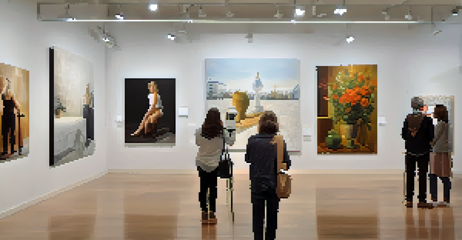 An artist painting in a contemporary art gallery, surrounded by vibrant artworks and engaged visitors.