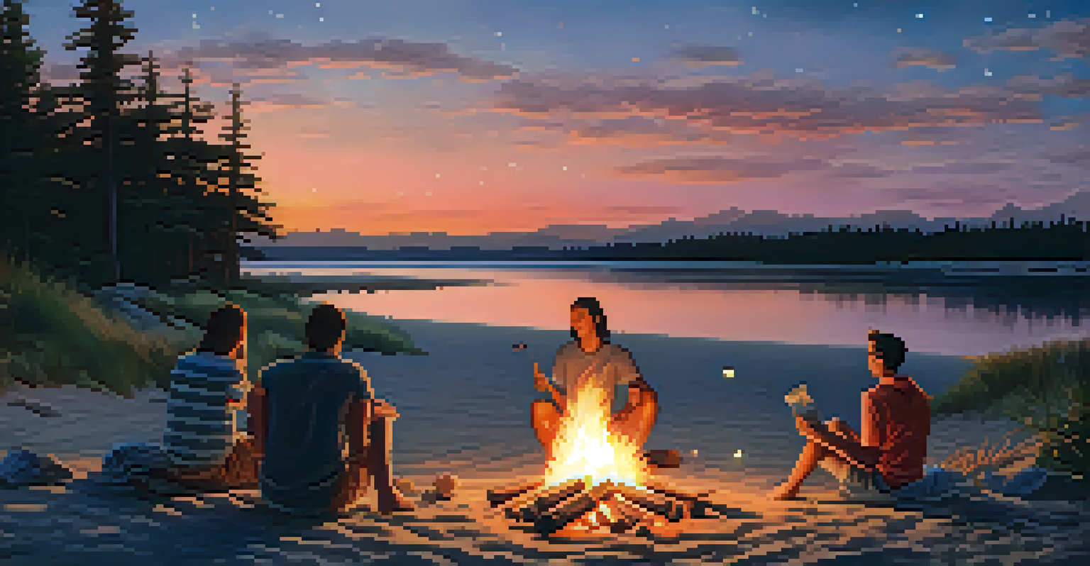 Friends around a campfire at the beach during twilight with a glowing sunset.