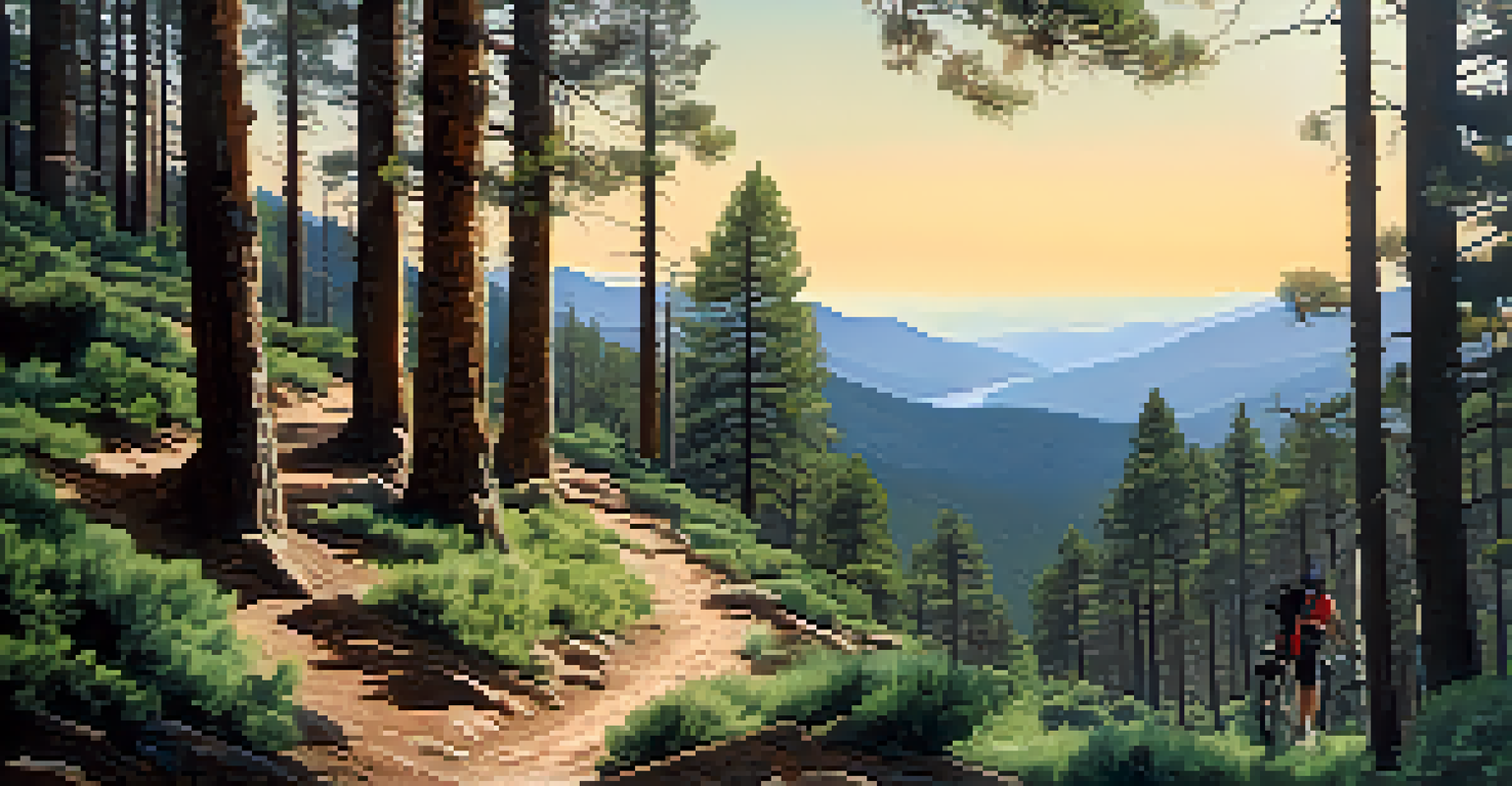 A mountain biker riding along a scenic trail in the Sierra de Guadarrama, surrounded by trees and mountains.