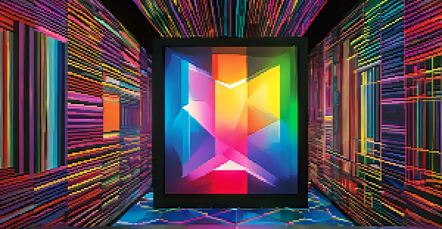 A close-up of a digital art installation with vibrant colors and geometric patterns, illuminated in a dimly lit environment.