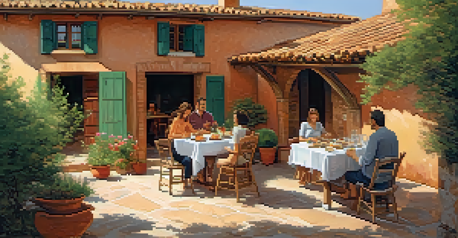A traditional Spanish rural home in Catalonia with a family enjoying a meal on a sunlit patio surrounded by flowers.