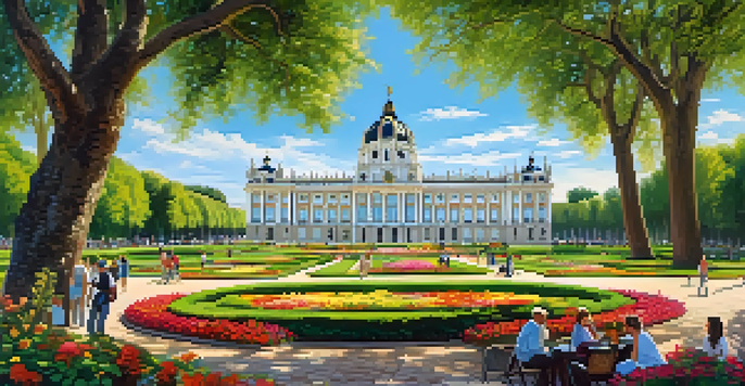 A view of the Royal Palace of Madrid surrounded by gardens and flowers, with people walking.