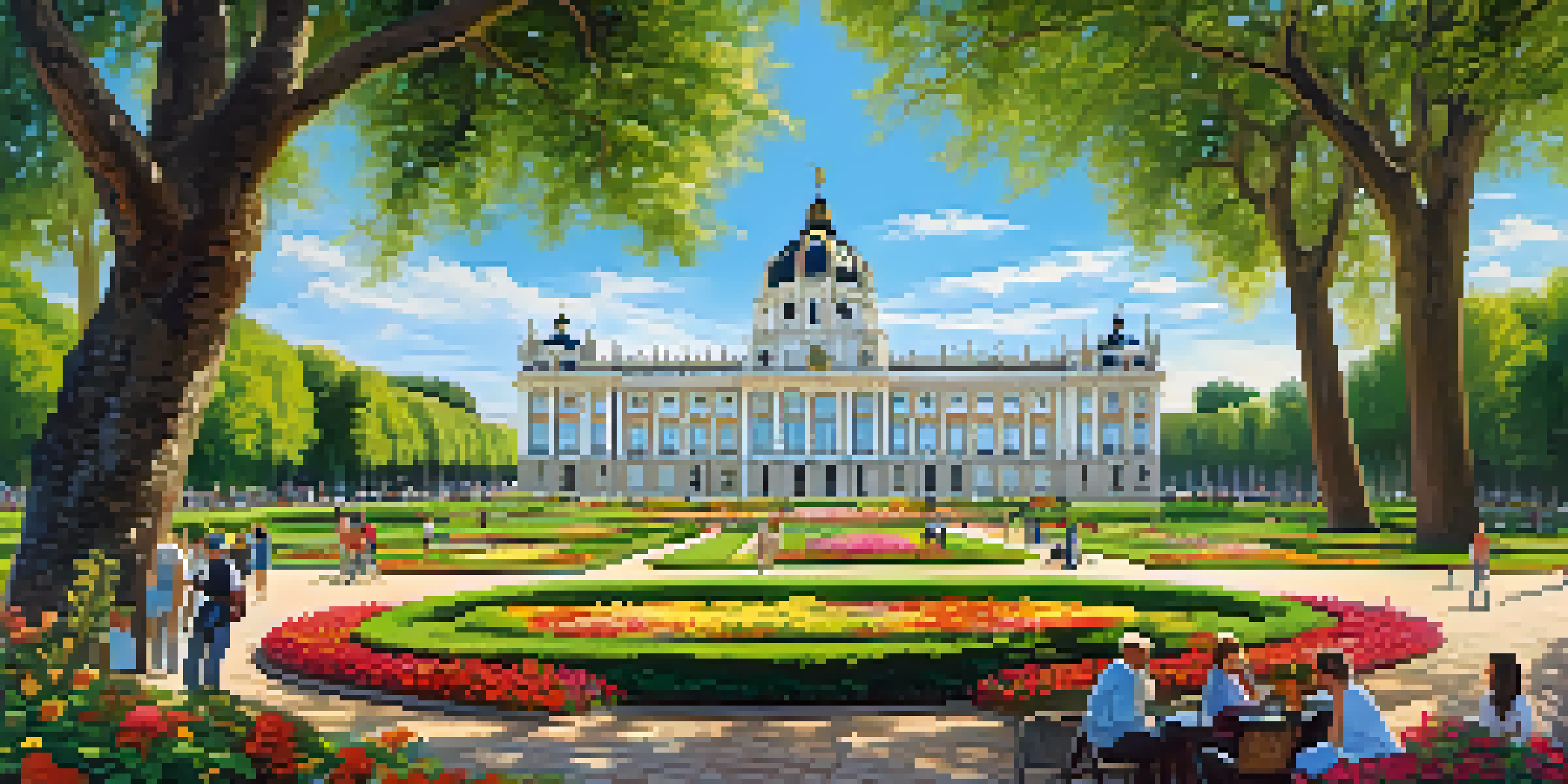 A view of the Royal Palace of Madrid surrounded by gardens and flowers, with people walking.