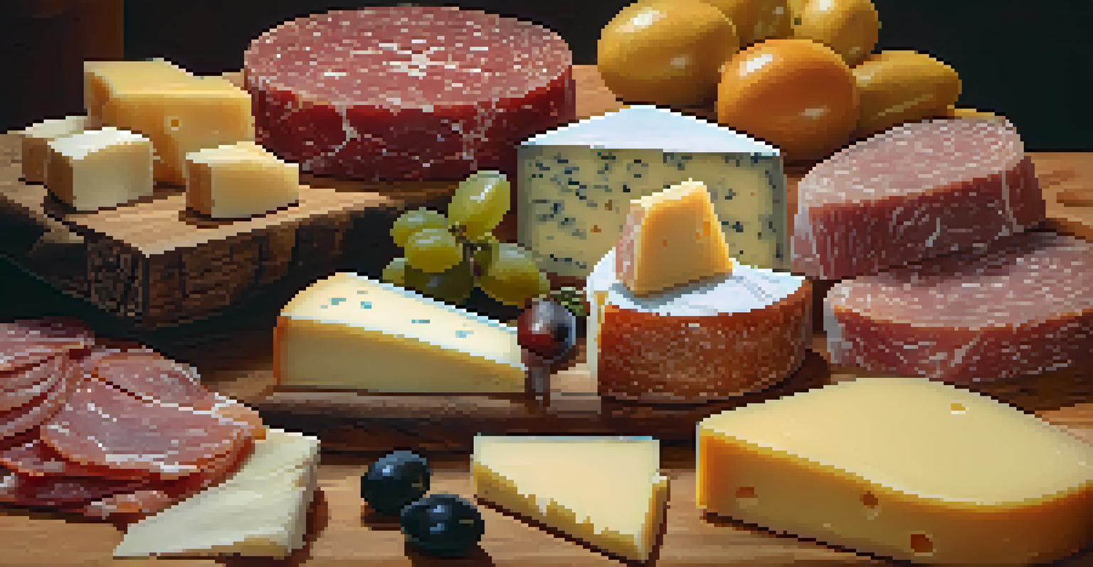 A close-up display of artisan cheeses and cured meats on a wooden board, featuring Manchego cheese and chorizo.