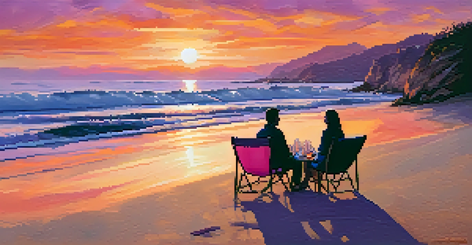A couple walking hand in hand on a beach at sunset, with vibrant colors in the sky and a picnic setup nearby.