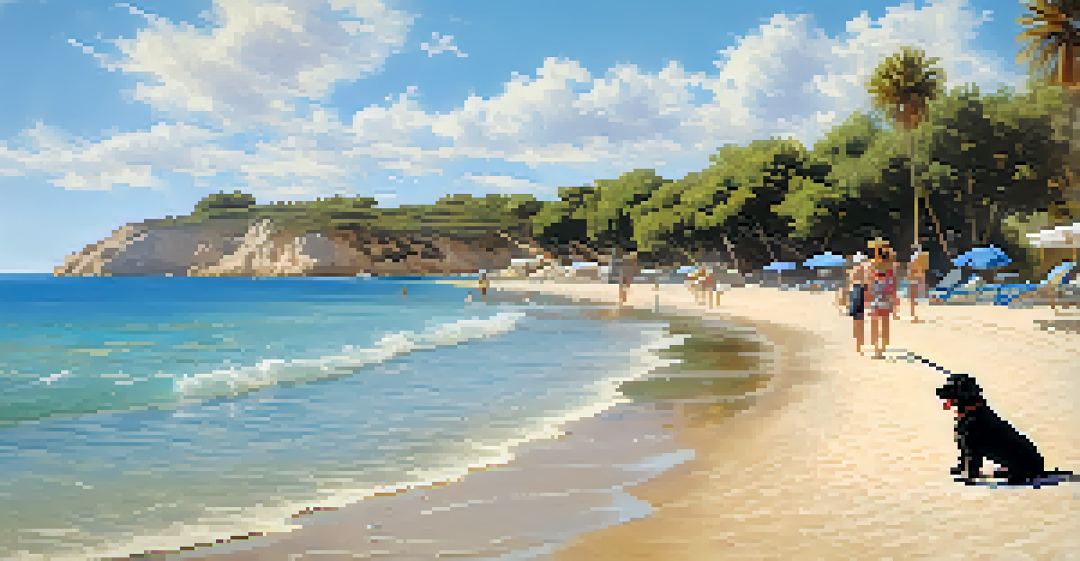 A beach scene with a dog splashing in the water, an owner relaxing on the sand, and green areas nearby.