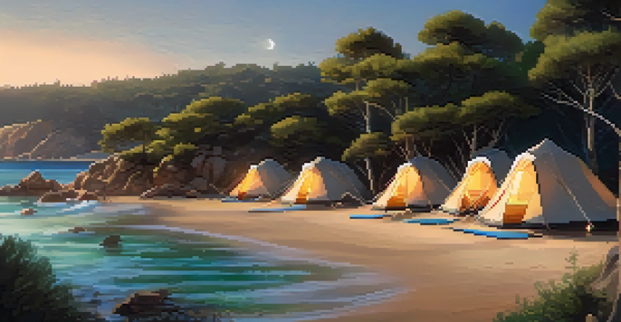 A peaceful campsite in Costa Brava with a tent, solar-powered lanterns, and a view of the beach surrounded by pine trees.