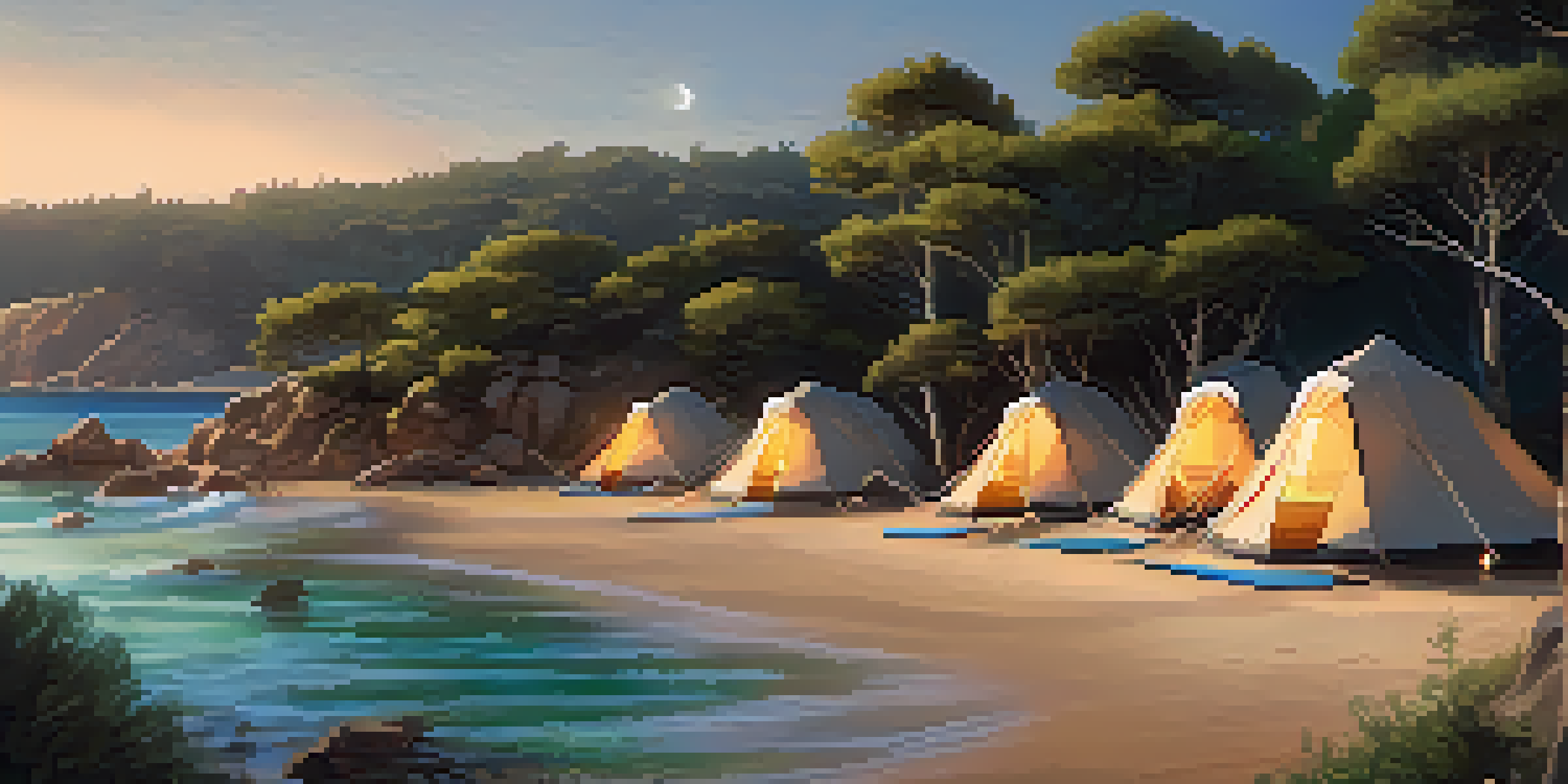 A peaceful campsite in Costa Brava with a tent, solar-powered lanterns, and a view of the beach surrounded by pine trees.