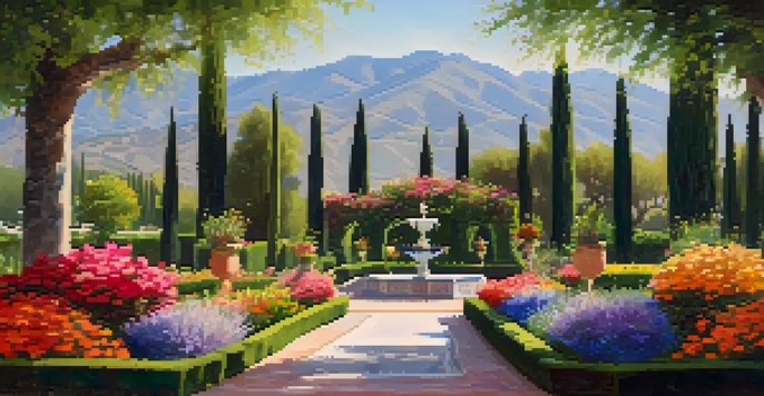 A peaceful view of the Generalife Gardens with colorful flowers, a winding path, and a water feature, set against the Sierra Nevada mountains.