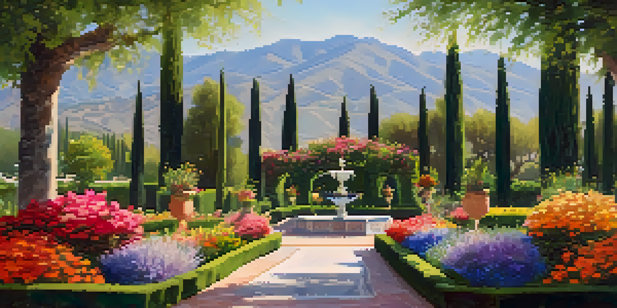 A peaceful view of the Generalife Gardens with colorful flowers, a winding path, and a water feature, set against the Sierra Nevada mountains.