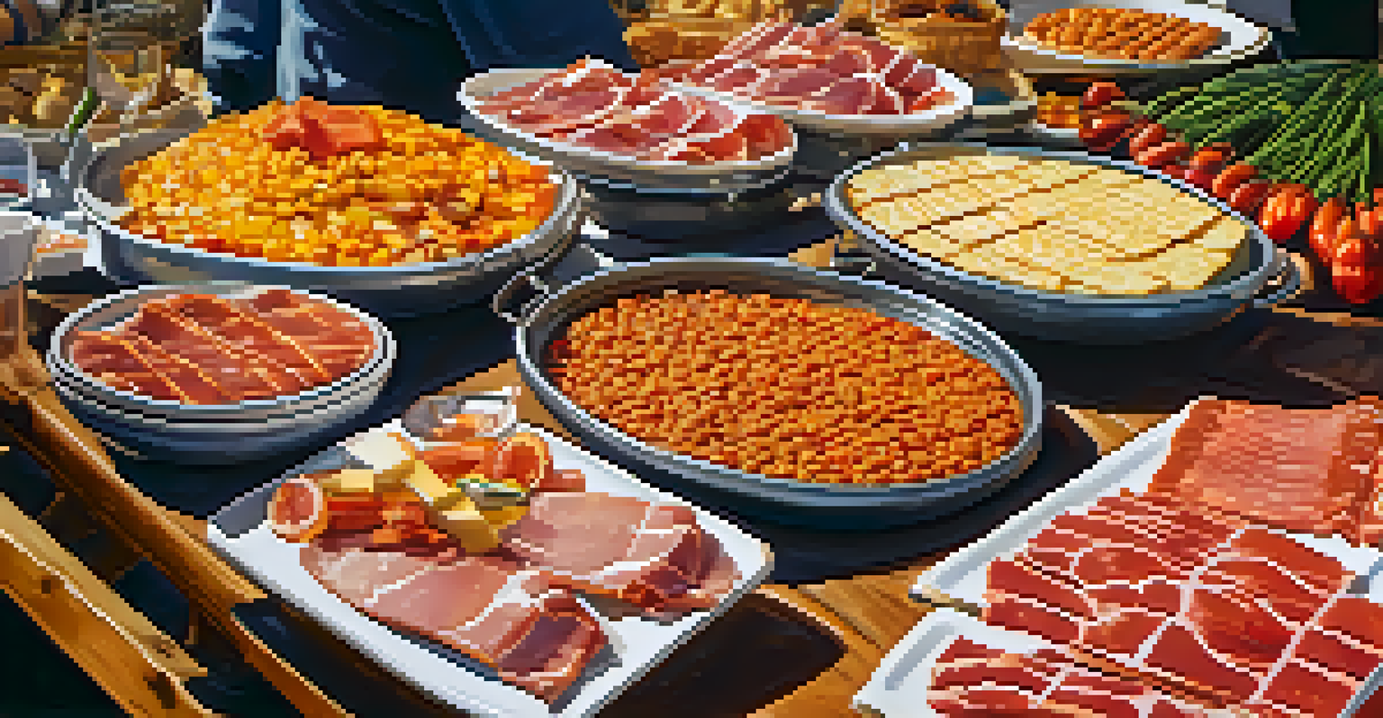 A stall at La Boqueria market displaying traditional Catalan tapas and dishes, with a friendly vendor and colorful food presentations.