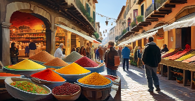 A lively artisan market in Spain with colorful stalls displaying handmade crafts and delicious food, filled with people interacting with artisans.