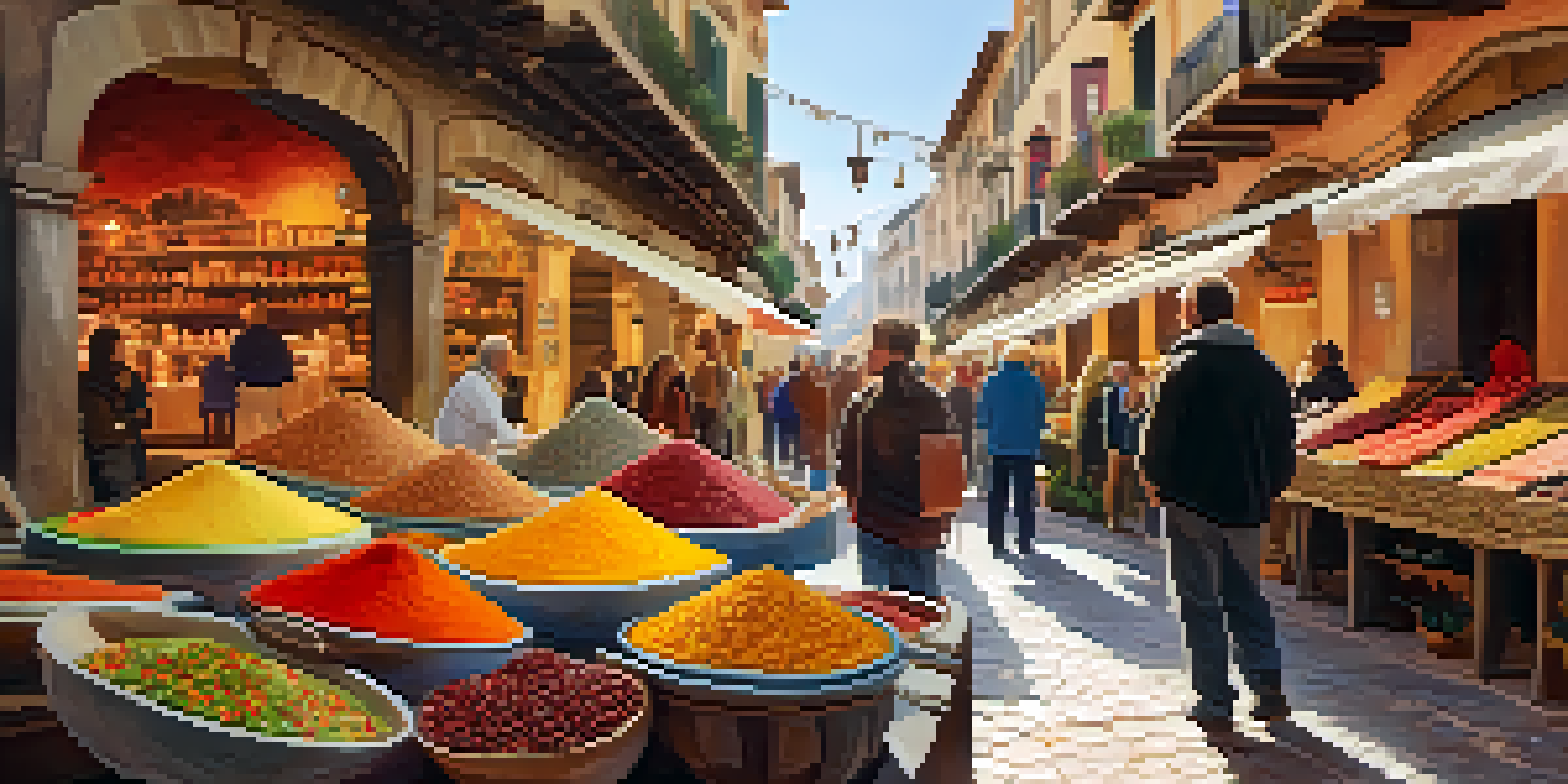 A lively artisan market in Spain with colorful stalls displaying handmade crafts and delicious food, filled with people interacting with artisans.