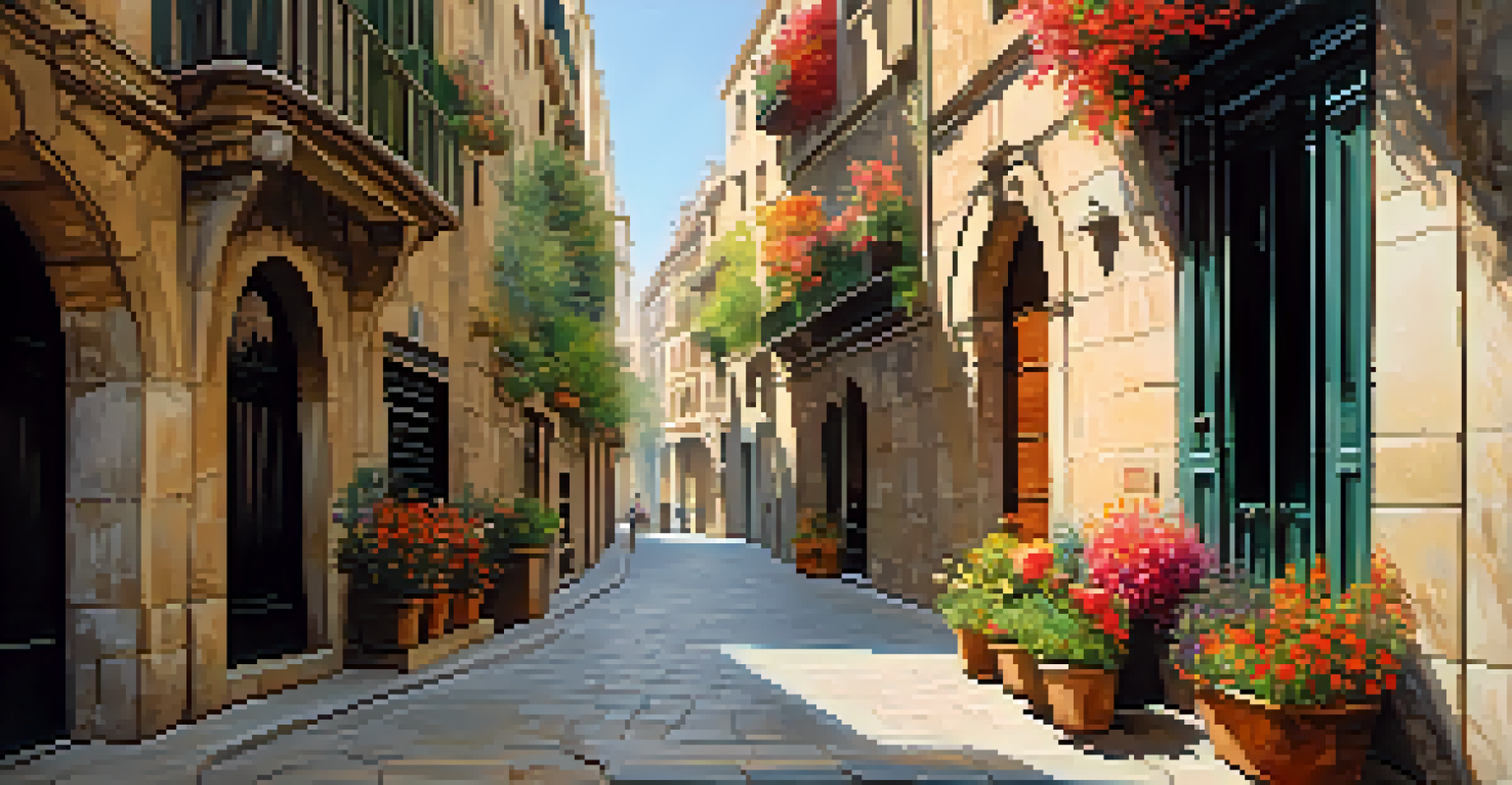 A charming street in Barcelona's Gothic Quarter with cobblestone streets, historic buildings, and flowers.