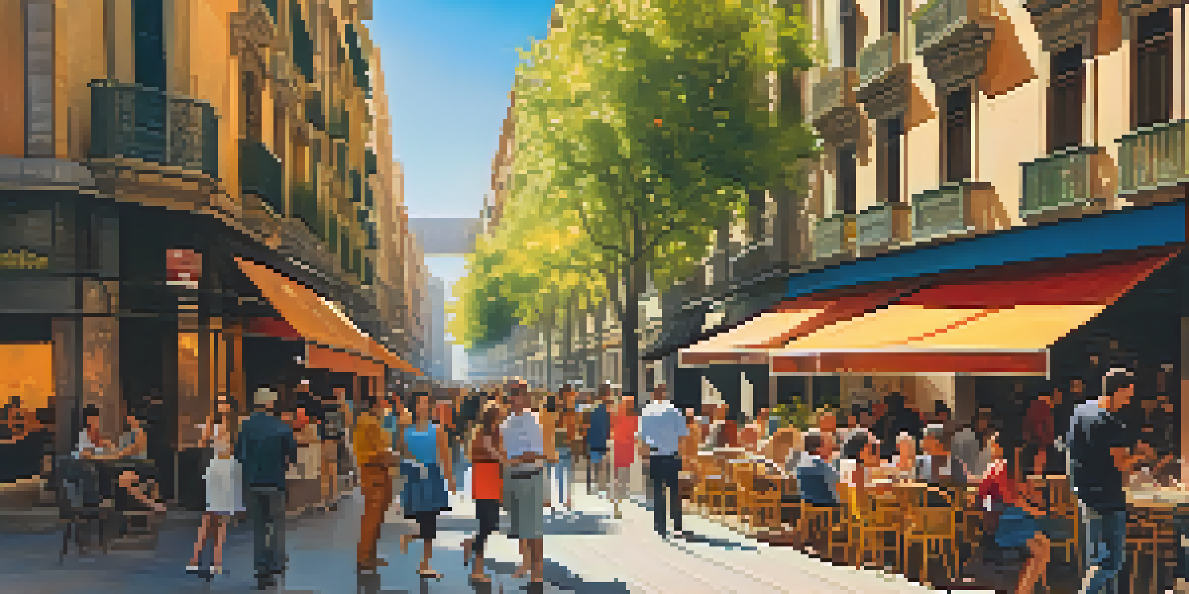 A lively street in Barcelona filled with tourists, featuring Gothic and modernist buildings, outdoor cafes, and street performers under warm sunlight.
