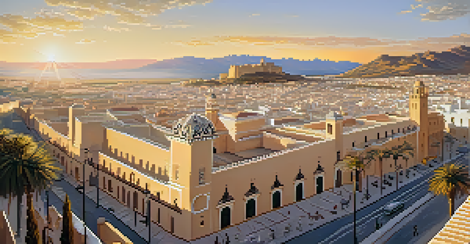 An aerial view of Almería showcasing the Alcazaba fortress and Moorish architecture during golden hour.