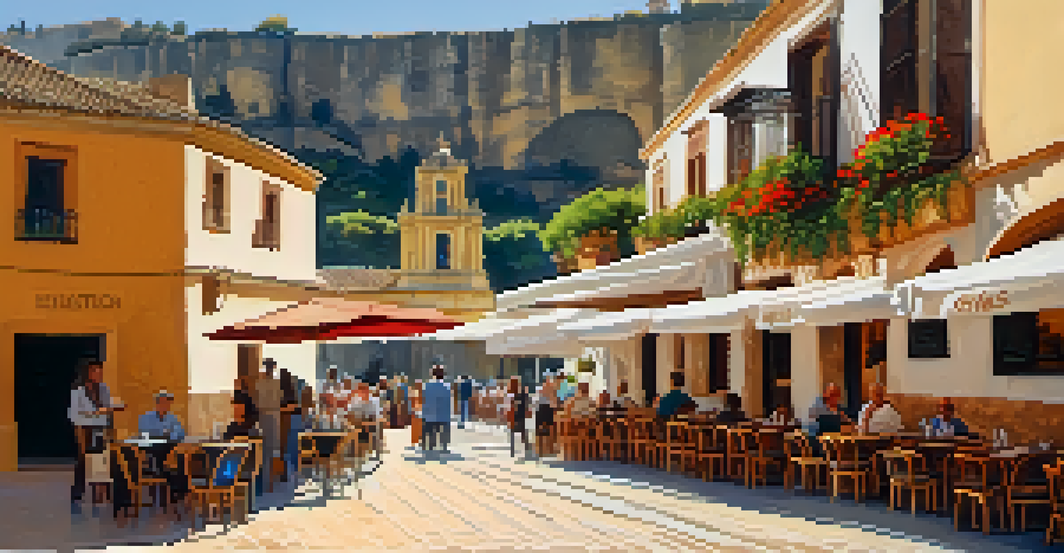 Patrons enjoying coffee at an outdoor café in Ronda, with a view of the gorge and colorful flower pots.