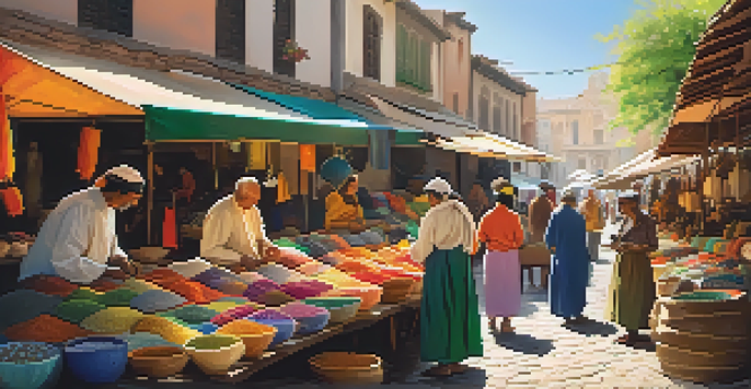 A lively artisan market filled with colorful stalls displaying handmade crafts, with artisans engaging with customers under a sunny sky.