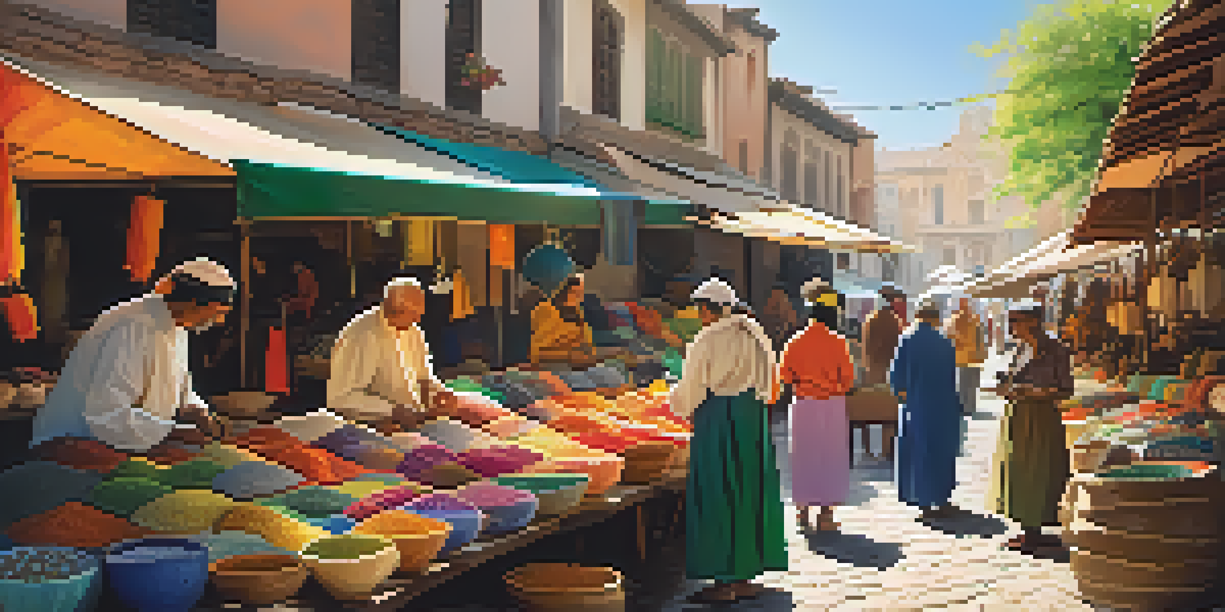 A lively artisan market filled with colorful stalls displaying handmade crafts, with artisans engaging with customers under a sunny sky.
