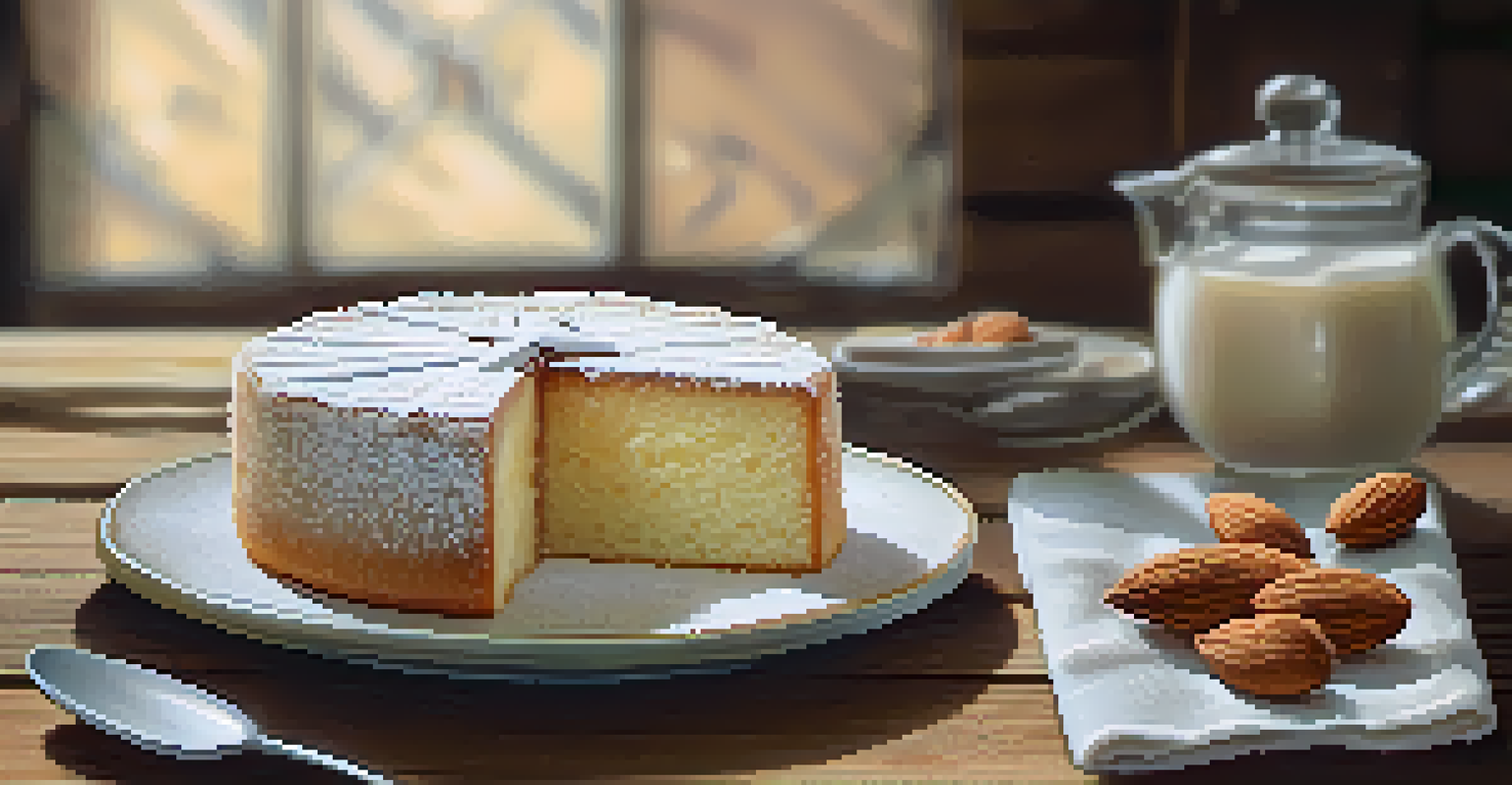 A slice of Tarta de Santiago with powdered sugar and almonds on a decorative plate, set against a rustic wooden background.