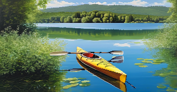 A peaceful view of Lake Banyoles with a kayak on the water, surrounded by greenery and mountains under a clear blue sky.