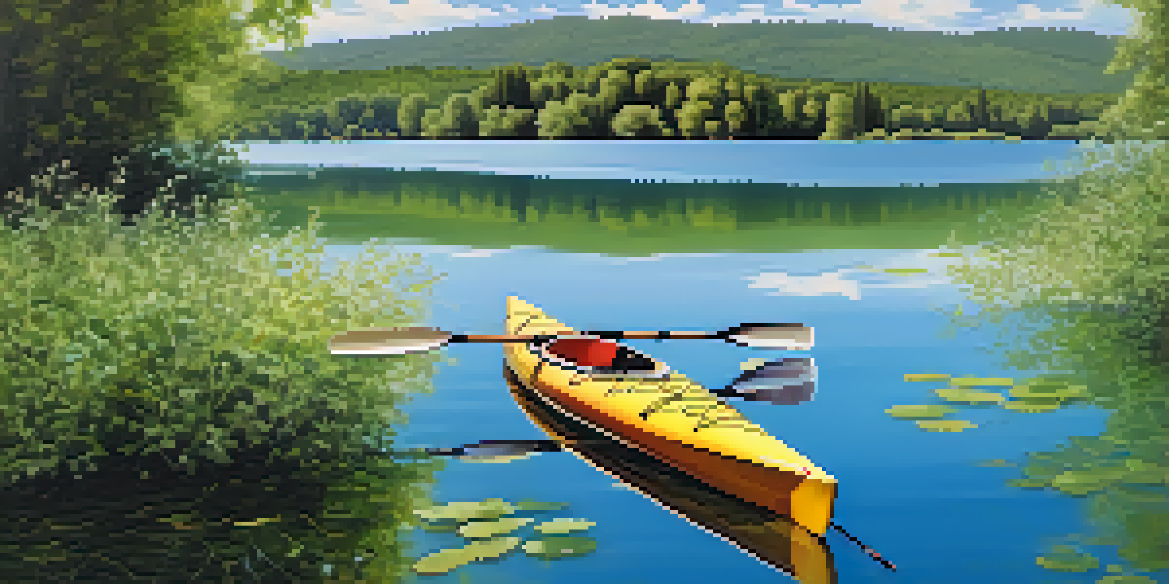 A peaceful view of Lake Banyoles with a kayak on the water, surrounded by greenery and mountains under a clear blue sky.