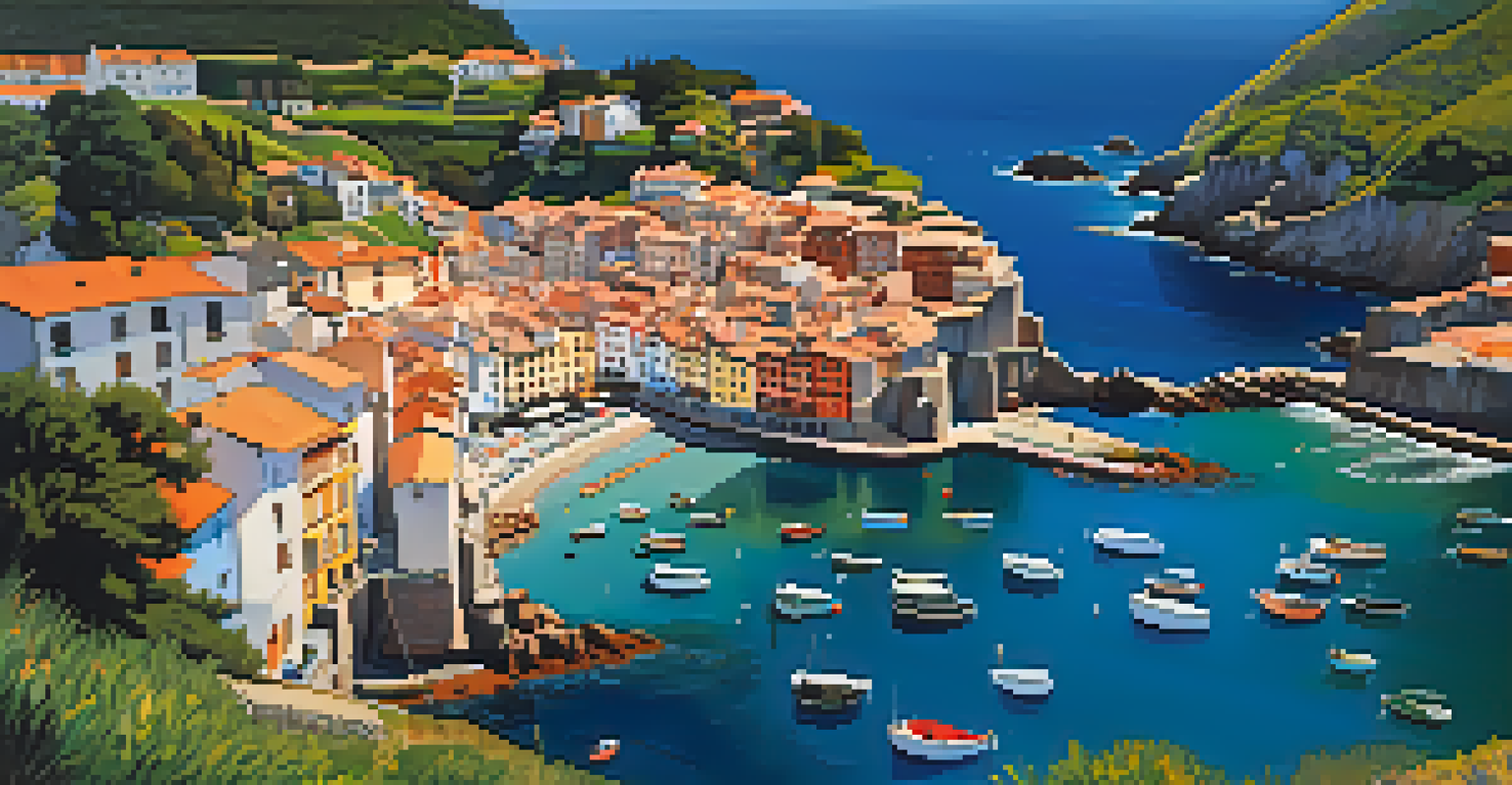 Aerial view of Cudillero, a colorful fishing village in Spain, with steep cliffs and a picturesque harbor.