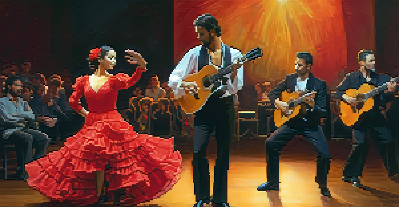 Musicians and dancers performing Flamenco on stage, with colorful costumes and warm lighting.