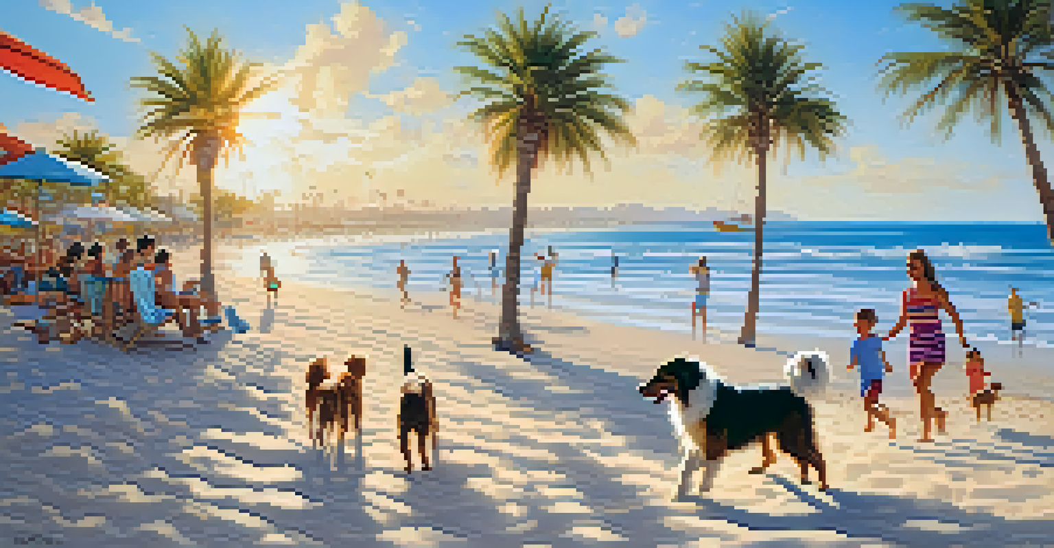 A vibrant beach in Valencia with dogs running along the shore, families relaxing, and palm trees under a clear blue sky.
