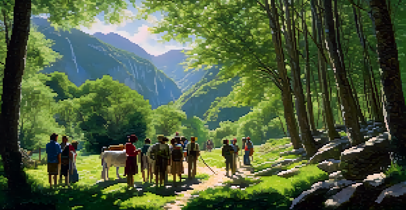 Local villagers guiding tourists through a green forest in Picos de Europa National Park, showcasing traditional farming techniques.