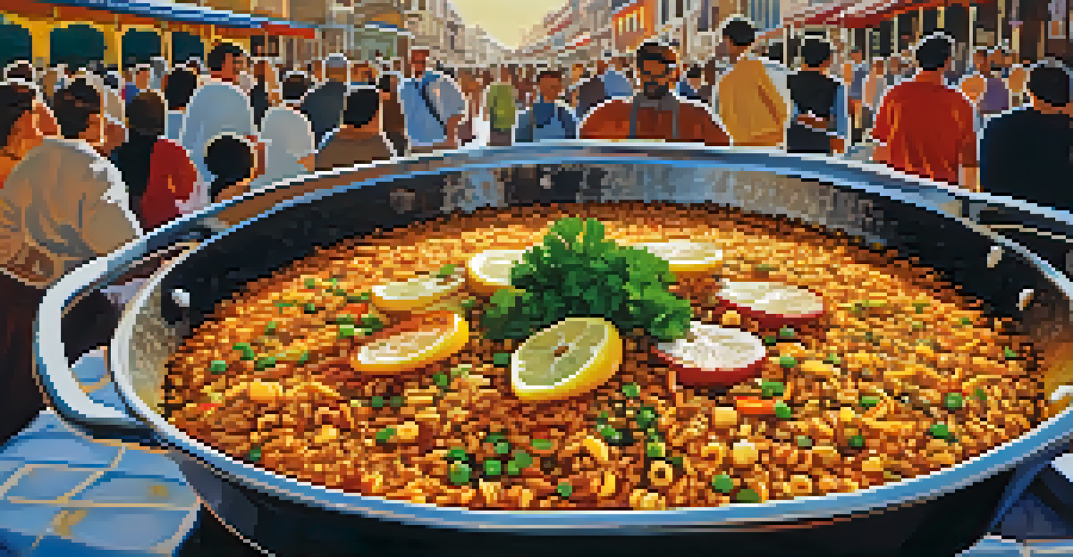 A close-up of a delicious paella showing crispy socarrat, garnished with lemon and parsley, with a market setting in the background.