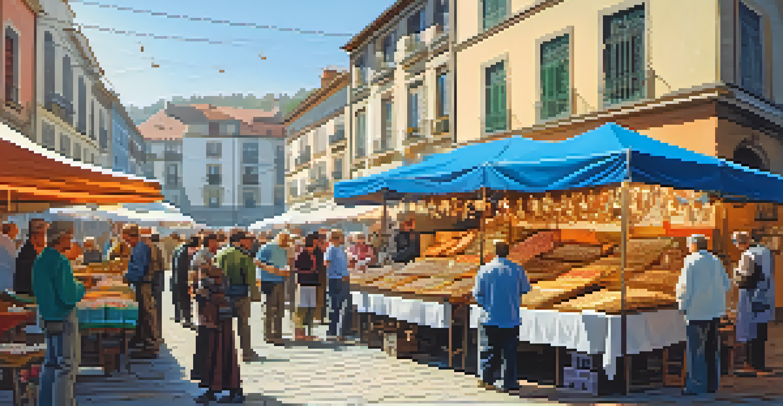 A vibrant artisan market in Galicia with visitors exploring stalls filled with silver filigree jewelry and artisans interacting with customers.