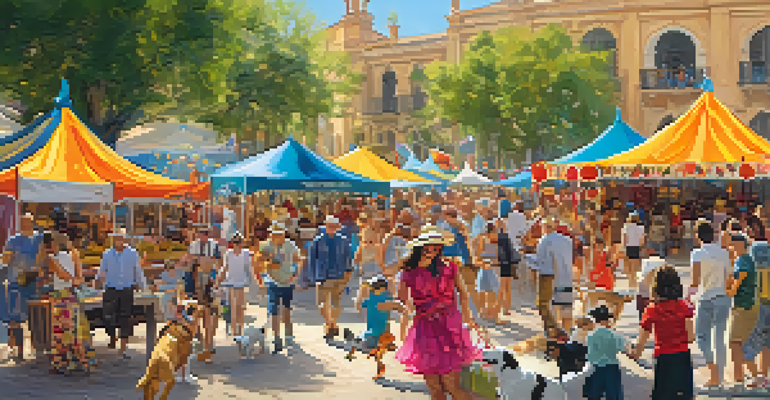A lively festival scene with families and their dogs enjoying colorful stalls and music, with dogs in costumes adding to the festive spirit.