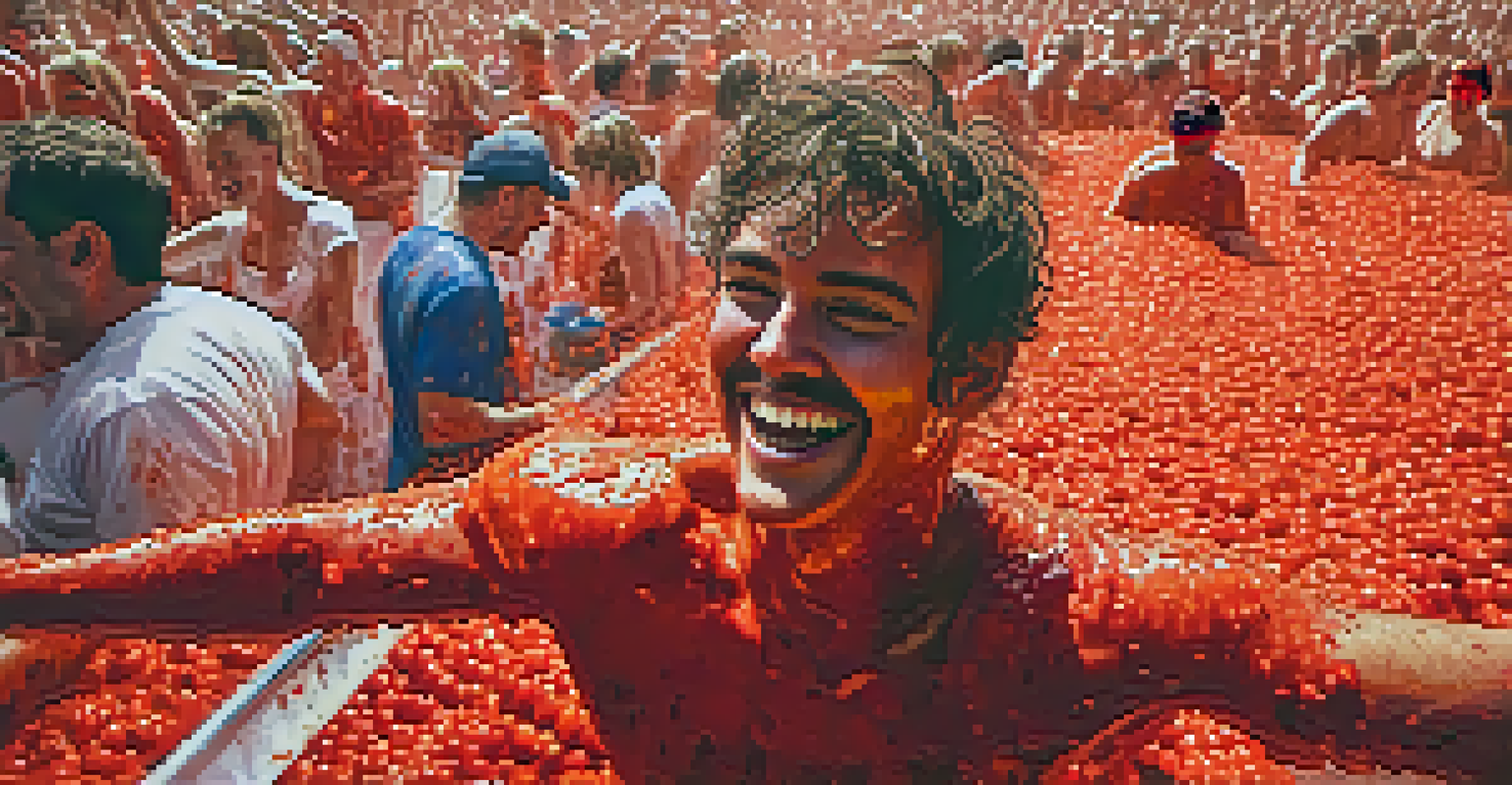 A close-up of a smiling participant at La Tomatina, covered in tomato pulp and ready to throw.