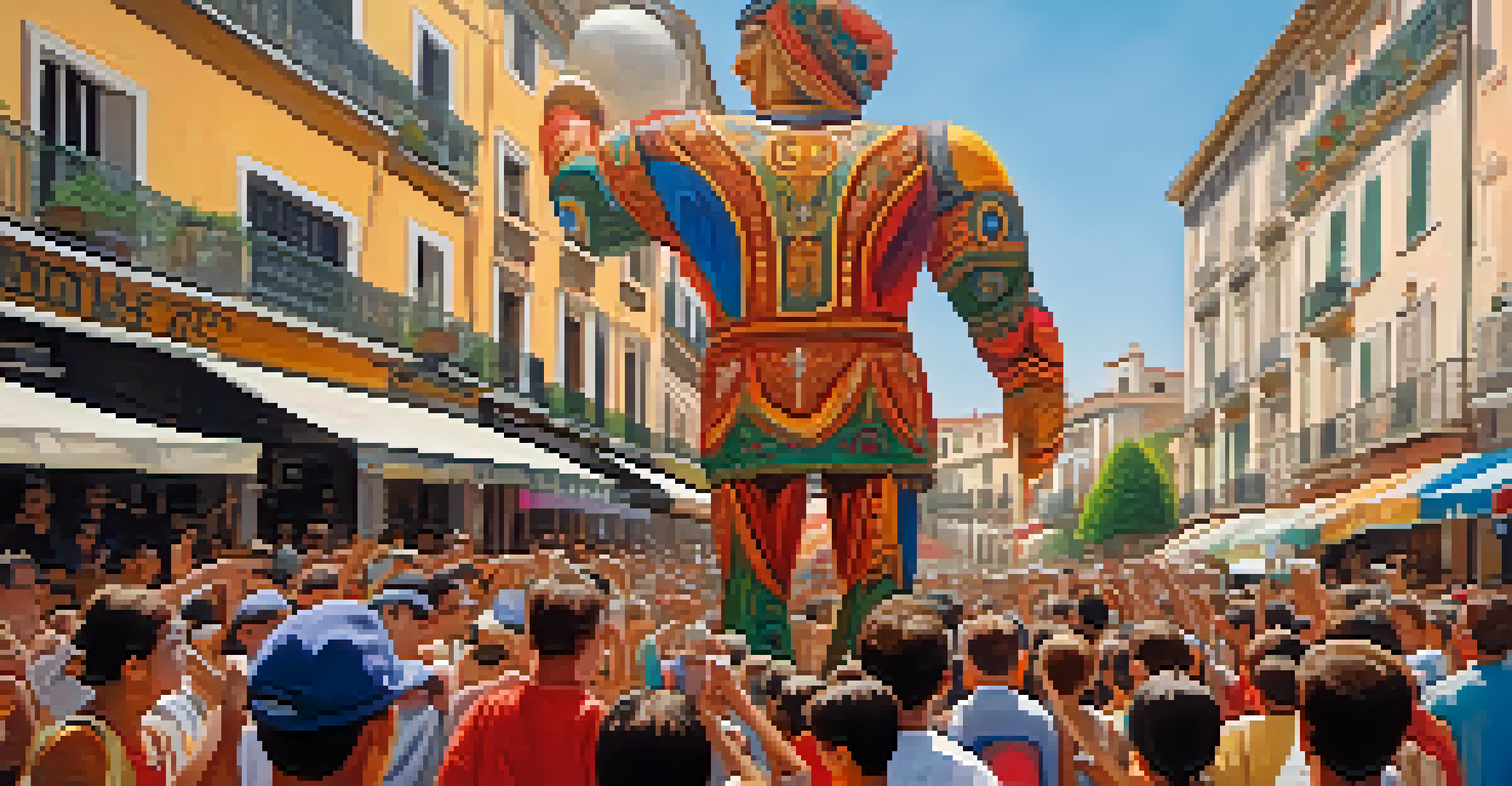 A giant figure ('gegant') at La Merce Festival surrounded by children, showcasing vibrant colors and traditional designs.