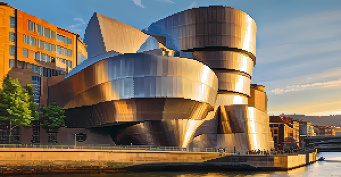 Exterior view of the Guggenheim Museum in Bilbao at sunset, highlighting its unique titanium architecture and the Nervión River.